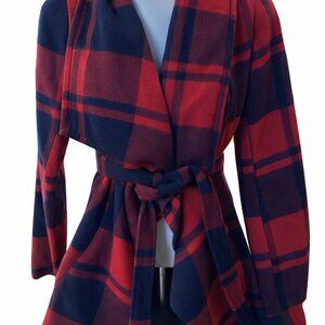 Favlux Red & Navy Plaid Belted Cardigan Jacket Size S Cozy Fall Wrap